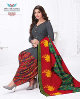 Davy Grey V Neck Rayon Top with Floral Red Patiyala Pant and Dupatta - Bavis Clothing
